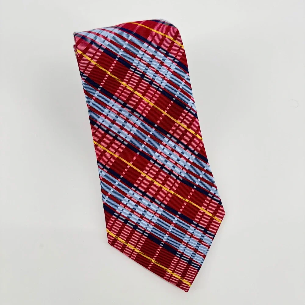 Peter Millar‎ Silk Tie Red Blue Plaid Tartan Hand Folded 100% Silk Necktie